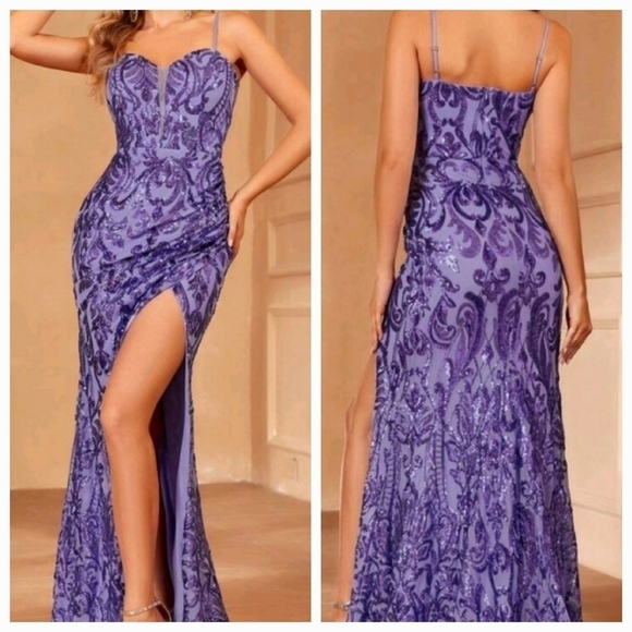 Purple Sequined Cami, Spaghetti Strap,  Slit Thigh Mermaid - Picture 1 of 11